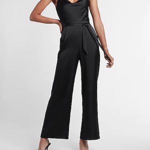 Satin Belted Cowl Neck Wide Leg Jumpsuit